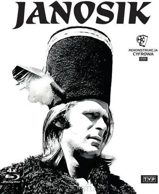 A black and white promotional image for the film Janosik, featuring a close-up of a man in traditional attire and a tall hat.