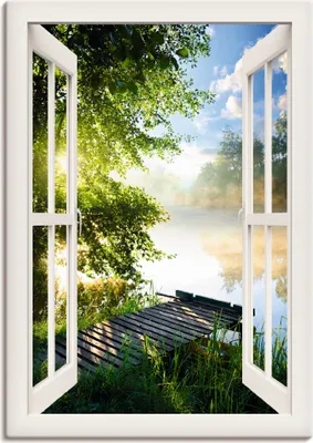 Produktbild von ARTland Leinwandbild Fensterblick Angelsteg am Fluss, weiß Größe: 70x100 cm