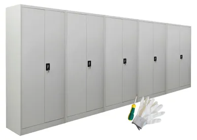 Produktbild von Mega Deal | 5x Flügeltürenschrank ELEPHANT komplett montiert | mit 2 Türen, abschließbar | HxBxT 180x80x40cm | 4 Ebenen | Stahl mit Pulverbeschichtung | Lichtgrau | Spind Aktenschrank Metallschrank Werkstattschrank Mehrzweckschrank