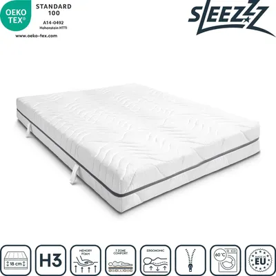 Produktbild von 7 Zonen Viskoelastik-Matratze Sleezzz Smart 120 x 200 cm, Höhe 18 cm, Härtegrad H3 mit Air Memoryschaum + Sleezzz Premium orthopädisches Gel-Effekt Nackenstützkissen 32 x 60 cm