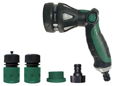 Produktbild von 4 tlg. Gartenbrause Set 8 Funktionen Spritzpistole Schlauchverbinder