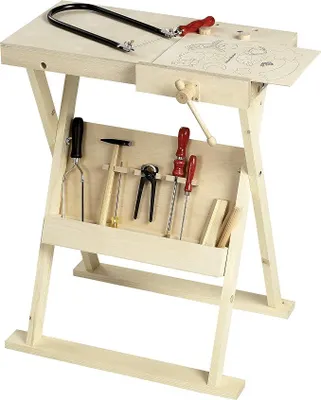 Produktbild von 487 Klappbare Werkbank aus Holz für Kinder, höhenverstellbar bis 74 cm, Platte 30x75 cm kann am Tisch befestigt werden, perfekt für Bastler und Hobby-Handwerker, Geschenkidee Werken und Basteln