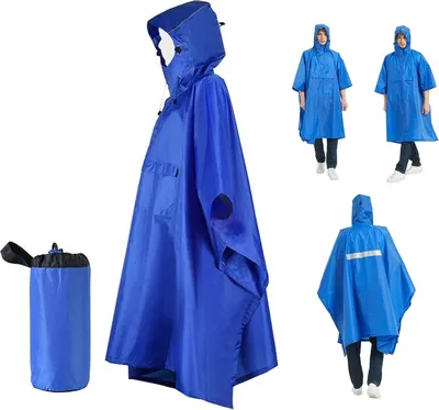 Produktbild von Regenmantel, Poncho, Wasserdichter Outdoor Regenponcho mit Taschen für Camping Wandern Reisen, Männer und Frauen (Blau)