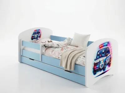Produktbild von Kleinkinderbett 140x70 in Blau inkl. Matratze, Rausfallschutz & Stauraum-Schublade | Hochwertiges Motiv-Bett für Kinder