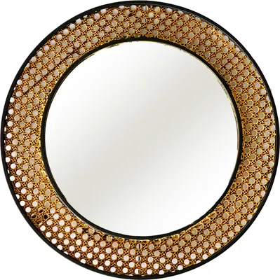 A round mirror with a rattan-like frame.