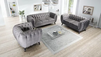 Produktbild von Edles Chesterfield Sofa Set 3-2-1 Sitzer grau Couch Polstersofa Wohnlandschaft
