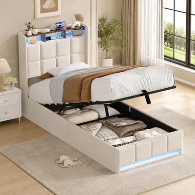 Produktbild von INONEFT Polsterbett 90x200 cm LED Beleuchtung und USB Anschlüsse, Jugendbett Einzelbett mit Stauraum Kopfteil, Hydraulisches Boxspringbett, Beige, KI-generiertes Bild