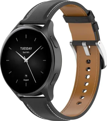 A smartwatch with a black leather strap and a black watch face.