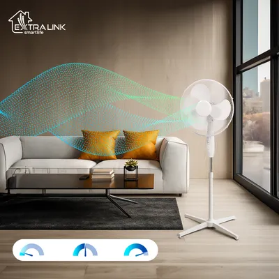 Obrázok produktu pre EXTRALINK ventilátor na nožičkách, 3 lopatky, 3 stupne rýchlosti, oscilačný, výkonný ventilátor s nastavením uhla sklonu, nízka spotreba biely, priemer 40 cm, koláčik ventilátora