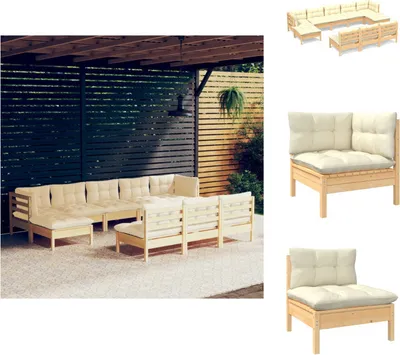 Produktbild von vidaXL 10-tlg. Garten-Lounge-Set mit Creme Kissen Kiefernholz -  Gartenmöbel-Sets