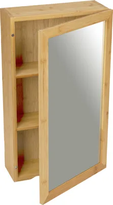A wooden medicine cabinet with a mirrored door is shown.