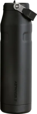 A black Stanley water bottle is shown against a white background.