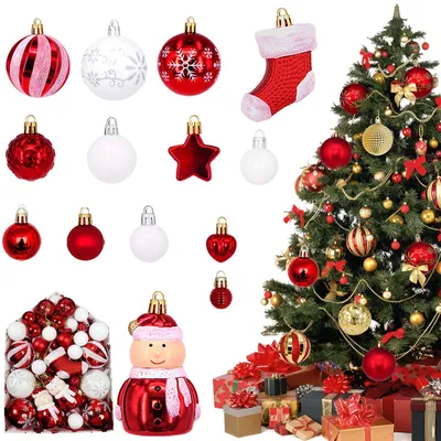 72er Set Weihnachtskugeln Weiß & Rot, unzerbrechlich, mit Haken