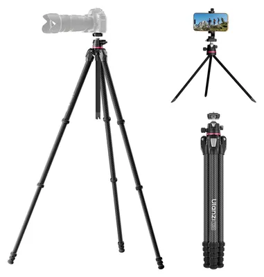 Produktbild von ULANZI TZ01 Carbon Stativ Kamera 160cm, Abnehmbare Mittelachse als Mini Stativ, 360° Kugelkopf mit Handyhalterung, kompatibel mit Uka & F38, 1,1kg Leichtes Reisestativ für DSLR Smartphone Vlog