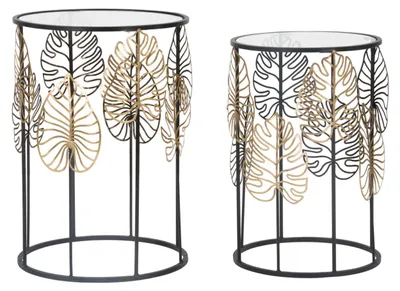 Image de Paire De Tables Basses Glam Leaf Avec Structure En Métal Noir Et Plateau En Verre - Ø 38X55 Et 33X50 Cm - Design Or Naturel Et Noir Pour Des Intérieurs Élégants