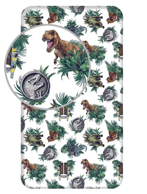 Produktbild von Jurassic World Dominion Spannbetttuch Betttuch Spannbettlaken Tyrannosaurus Rex Velociraptor Stegosaurus 90 x 200 cm + 25 cm 100% Baumwolle