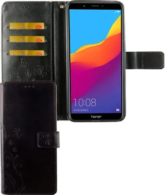 Image de Étui de protection pour téléphone Huawei Honor 7C, type coque rabattable avec porte-cartes, de couleur noire