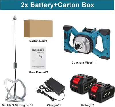 Immagine prodotto di Miscelatore a batteria senza spazzole - Miscelatore per calcestruzzo/malta - 2 batterie incluse - 6 velocità - Per cemento, gesso, vernice - Rosso