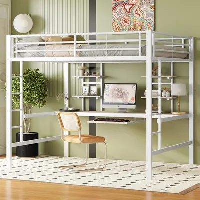 A white metal loft bed with a desk and shelves underneath, set up in a room with light green walls and a patterned rug.