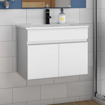 Produktbild von Waschtisch mit Unterschrank 60cm BERGEN Badmöbel Set Weiß Keramik Waschbecken mit Unterschrank MDF Softclose