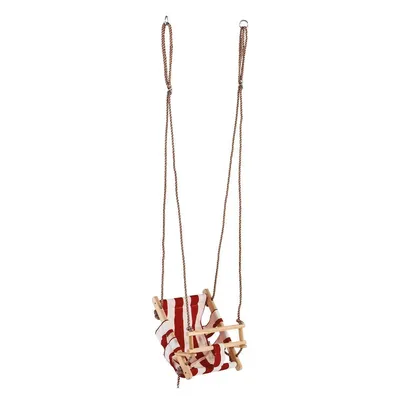 A baby swing made of wood and fabric with red and white stripes, suspended by chains.