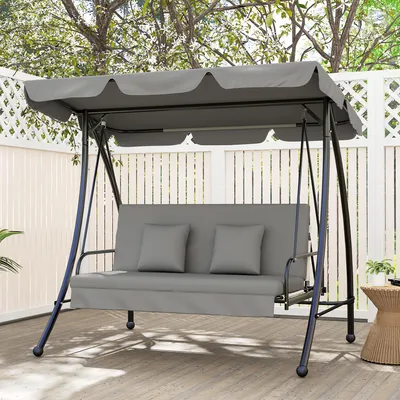 Produktbild von Hollywoodschaukel 3-Sitzer mit Liegefunktion, Gartenschaukel Baldachin Polyester Metall, Grau | 210x125x170 cm | bis 240 kg | verstellbar