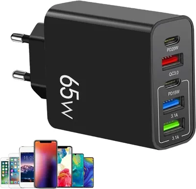 Image de chargeur multiple USB C 65W, chargeur multiple 5 ports avec USB-C et USB-A, chargeur rapide 65W PD 3.0 Power Adapter Alimentation USB