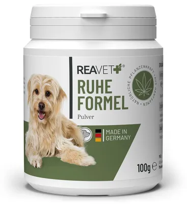 Produktbild von REAVET Ruheformel für Hunde - Beruhigung mit Baldrian, Melisse & Hanfsamen I Entspanntes & ausgeglichenes Hundeleben I Unruhe, Überreizung, Nervosität, Silvester & Reisen