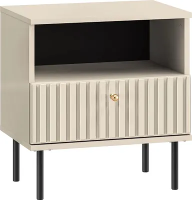 A beige nightstand with a fluted drawer front and black legs, shown against a white background.