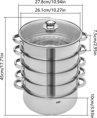 A multi-tiered stainless steel steamer pot with a glass lid, shown with dimensions indicated by measurement lines and text.