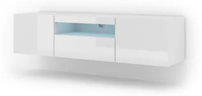 Immagine prodotto di Mobile TV basso Aura 150 cm Base universale sospesa o in piedi Mobile TV Lavagna TV Tavolino HiFi Mobile pensile Bianco lucido con LED