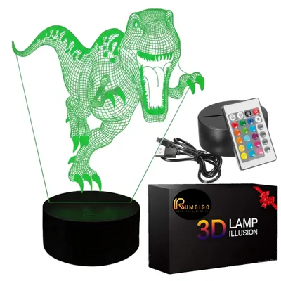 A 3D dinosaur lamp with its accessories and packaging, presented on a white background.