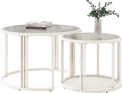 Immagine prodotto di Set da salotto in 2 pezzi - Tavolini rotondi da salotto - Elegante set di tavolini da caffè - Metallo bianco - Vetro