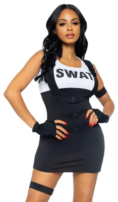 Produktbild von LEG AVENUE 83850 - 4Tl. Sultry Swat Einsatzleiterin Kostüm Set Mit Tank Kleid, Fingerlose Handschuhe, Arm Bund und Gürtel Kostüm Damen Karneval, M/L (EUR 40-42), Schwarz