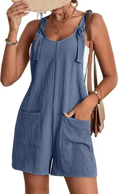 Produktbild von ASKSA Damen Jumpsuit Sommer Ärmellos Kurz Latzhose Playsuit Baggy mit Taschen Sommershort, Dunkelblau, L