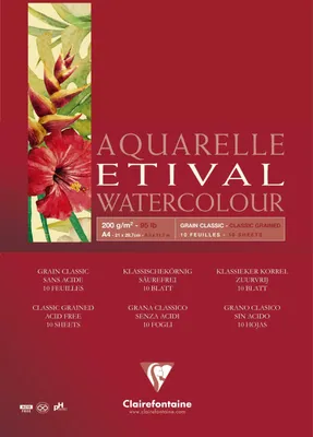 Produktbild von Clairefontaine 5x Etival Aquarellpapier, Block A4 geleimt, 10 Blatt 200g 96374C