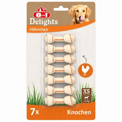 Produktbild von 8in1 Delights Chicken Knochen XS - gesunde Kauknochen für mini Hunde, hochwertiges Hähnchenfleisch eingewickelt in Rinderhaut, 7 Stück