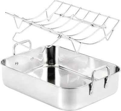 Imagen del producto de Bandeja para asar de 41,9 cm con rejilla en forma de V: gran bandeja de acero inoxidable para asar pavo, pollo o jamón, con rejilla para asar en forma de V, resistente y apta para lavavajillas, con capacidad para hasta 10 kg