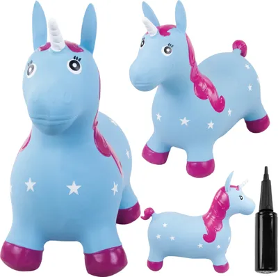 Produktbild von SUN BABY hüpftiere ab 1 Jahr mit Pumpe aufblasbares Hüpfspielzeug aus hochwertigem und strapazierfähigem Gummi blaues Einhorn mit weißem Horn