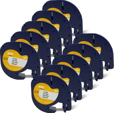 Produktbild von DULA Etikettenband - Kompatibel mit Dymo LetraTag 91200 / S0721510 - 10 Stück - Schwarz auf weißem Papier - 12mm x 4m