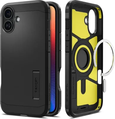 A black phone case with a yellow interior and a silver ring stand is shown from two angles.
