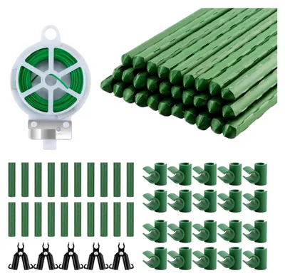 Produktbild von 30 Stück Pflanzstäbe, 40 cm x 11 mm Pflanzenstützen, Stahl Rankstäbe mit 45 Pflanzstabverbindern und 30 m Pflanzendraht, Pflanzenhalter für Kletterpflanzen