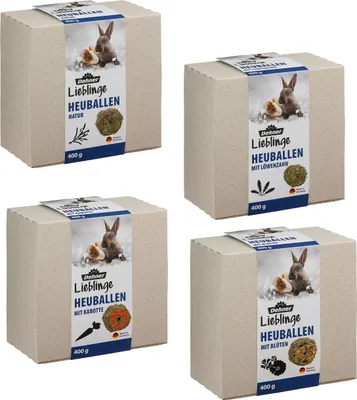 Produktbild von Dehner Nagersnack Bergwiesenheu Probierset, 4 Sorten Natur/Löwenzahn/Karotte/Blüten, 1.6 kg