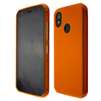 Two views of an orange phone case, one showing the front and side, the other showing the back.