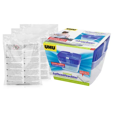 A product shot of a UHU Air Max Luftentfeuchter with three refill bags.