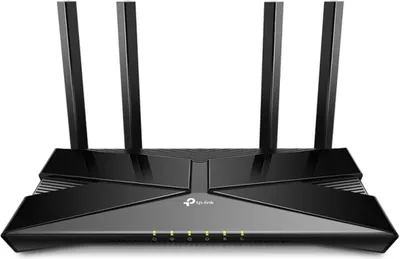 A black TP-Link router with multiple antennas is shown against a white background.