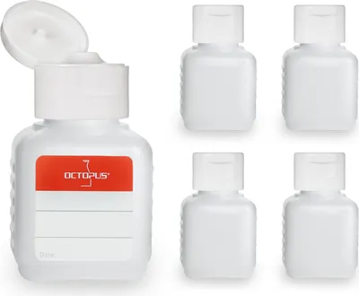 Produktbild von 5 Plastikflaschen 50 ml eckig aus HDPE, natur, G25, Klappscharnierverschluss aus PP weiss