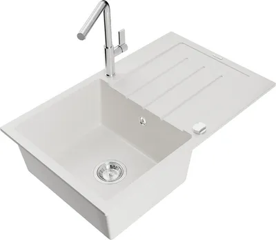 Produktbild von Mexen Bruno 1 Becken-Granitspüle mit Abtropffläche und Mischbatterie Flora, Weiß - 6513-20-670401-00