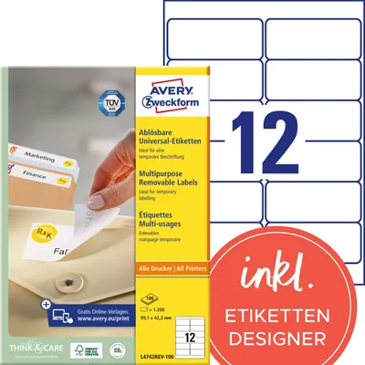 Obrázek produktu pro Avery L4743REV-100, Bílá, Zaoblený obdélník, Vyjímatelná, 99.1 x 42.3 mm, A4, Univerzální