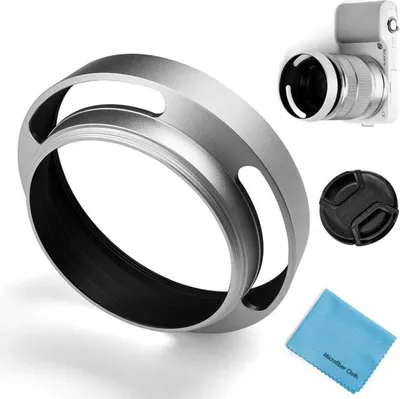 Produktbild von 43mm Hohl Gegenlichtblende Metall Sonnenblende Objektivdeckel für Canon Nikon Sony Fuji Kamera + Putztuch Silber